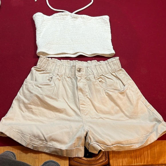 paper bag high waist tan Shorts S WHITE HALTER top tie neck CROPPED outfit SET - Picture 1 of 13